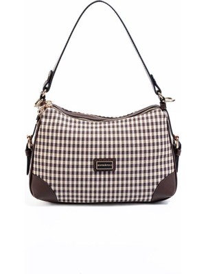 Silver & Polo SP1269 Kadın Omuz Çantası Ekose Line Kare Kahve Sarı-Kahve