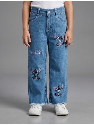 Nawi Kız Çocuk Likralı Salaş Stitch Nakışlı Kot Pantolon