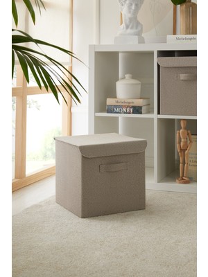 PremiumPort Bej Dokulu Kapaklı Dolap Içi Çamaşır ve Oyuncak Saklama Kutusu