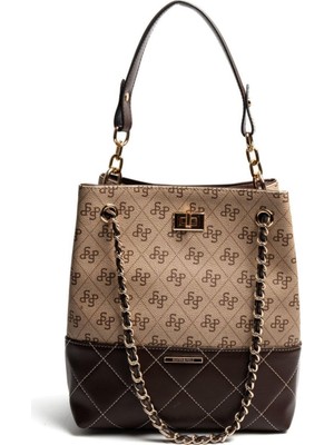 Silver & Polo SP1262 Kadın Omuz Çantası Monogram Koyu Bej-Kahve