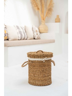 PremiumPort Küçük Yuvarlak Hasır Iç Korumalı Kapaklı Çamaşır Sepeti