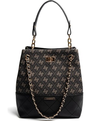 Silver & Polo SP1262 Kadın Omuz Çantası Monogram Füme-Siyah