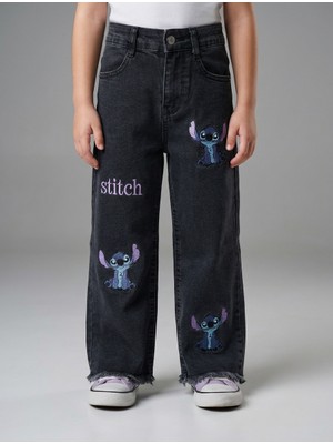 Nawi Kız Çocuk Likralı Salaş Stitch Nakışlı Kot Pantolon