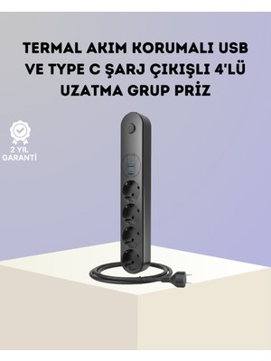 Verto Akım Korumalı Çoklu Priz 4’lü 2 USB 1 Type-C 2500W Güçlü Tasarım