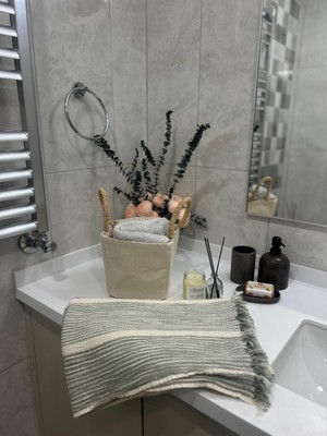 Monochrome Müslin Banyo ve Plaj Havlusu Peştemal-% 100 Pamuklu 4 Kat (100 cm x 190 Cm) Ekru- Yeşil Çizgili