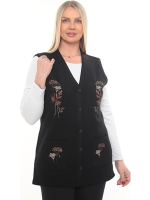 İKSUN Güllü Nakışlı Kışlık Kalın Çelik Örgü Düğmeli Cepli Triko Anne Yelek