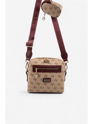 Silver & Polo Silver Polo Koyu Bej - Bordo Monogram Kadın Çapraz Çanta SP1038