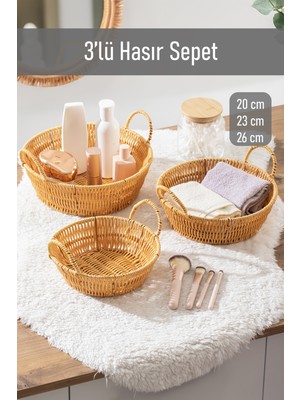 PremiumPort Yuvarlak 3'lü Hasır Ev Düzenleyici Sepet Seti, Kendinden Kulplu