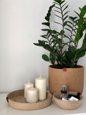 PremiumPort Çok Amaçlı Hasır Sepet Seti, Dekoratif Saklama ve Organizer 25X18, 20X5, 15X8