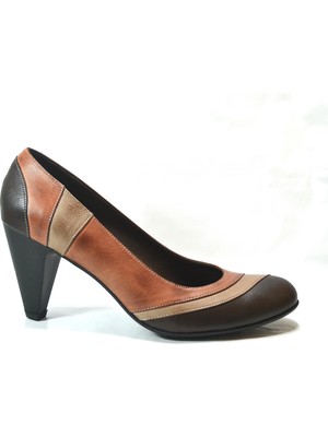 Onlo Ayakkabı 1240 Hakiki Deri Taba Kalın Topuklu Kadın Ayakkabı