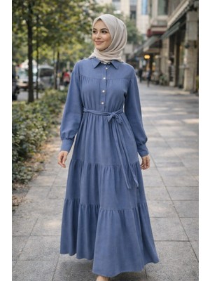 Moda Mavi Göğse Kadar Düğmeli Belden Kuşaklı Uzun Tesettür Elbise 140 cm Gömlek Elbise
