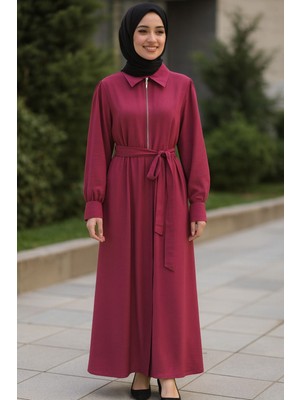 Moda Bordo Yarım Fermuarlı Belden Kuşaklı Tesettür Elbise 140 cm Uzun Boy Günlük Şık Elbise