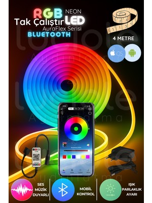 Allians 4 Metre Rgb Neon LED Şerit, Bluetooth Kontrollü Işık Sistemi, Auraflex Serisi