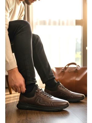 Enoch Hakiki Deri Kahve Dikiş Detaylı Erkek Sneaker Ayakkabı Ortopedik Taban