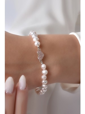 Doğal Taş Inci Tasarım Bileklik – 925 Ayar Rose Gümüş Kalp Detaylı