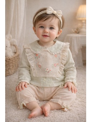Gültekin Bebe Kumru Fırfırlı Çiçek Nakışlı Süveterli  3 Lü Kız Takım 6-18 AYLIK-4442395 - Bej