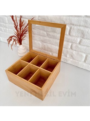 PremiumPort Ahşap Bambu Çok Amaçlı 6 Bölmeli Kapaklı Organizer 24X16X7CM