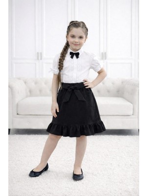 Mavimoure 23 Nisan Kız Çocuk Kısa Kol Fırfırlı Gömlek ve Etek Takım