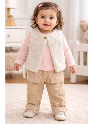 Kumru Çizgili Sweat Peluş Yelekli Kız 3 Lü Takım 6-18 AYLIK-4457342 - Somon