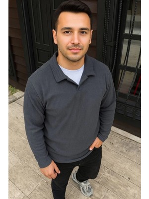 Giyim Center Erkek Fitilli Polar Sweatshirt - Düğmesiz Polo Yaka, Oversize Rahat Kalıp, Kalın Polar Kumaş, Kışlık ve Baharlık Şık Günlük Üst - Füme