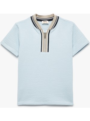 Koton Tişört Bisiklet Yaka Yarım Fermuarlı Kısa Kollu Şerit Detaylı Pamuklu