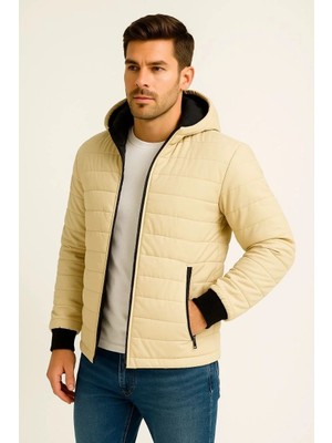 Giyim Center Erkek Şişme Kapüşonlu Fermuarlı Mont Su Itici Kapitone Astarlı Kumaş Cepli Kışlık Rahat Kalıp - Bej