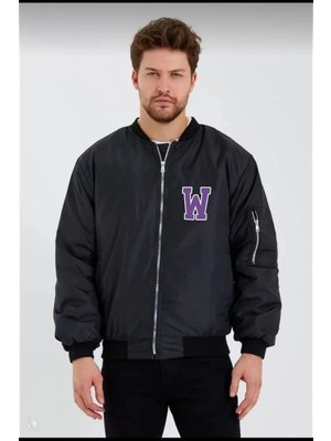 Giyim Center Wild One Baskılı Erkek Bomber Mont - Panter Desenli, Fermuarlı, Kapitone Astarlı Ceket - Siyah