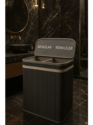 PremiumPort Bambu Çamaşır Sepeti 60X52X32 Gri, Ayrı Bölmeli, 100 Lt, Büyük Boy