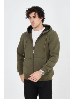 Giyim Center Erkek Kapüşonlu Düz Fermuarlı Hırka - Yeşil