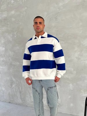 Giyim Center Unisex Üç Iplik Parçalı Yakalı Sweatshirt - Mavi