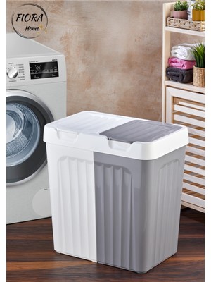 PremiumPort Büyük Boy 2 Gözlü Kirli Çamaşır Sepeti 80 Lt Beyaz ve Gri