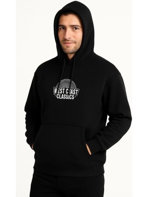 Giyim Center Erkek Kapşonlu Sweatshirt - Oversize Üç Iplik Şardonlu Hoodie, 'west Coast Classics' Ön & Arka Baskılı, Kanguru Cepli Kışlık Günlük Stil - Siyah