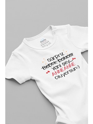 Overoz Sürpriz Anneanne Oluyorsun Baskılı Kısa Kollu Beyaz Bebek Body Zıbın 5620
