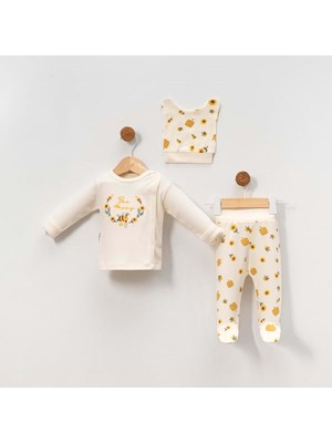 Gültekin Bebe Babycan 9390 Arı Nakışlı Üçlü Yenidoğan Takım  - Krem