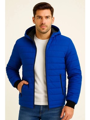 Giyim Center Erkek Şişme Kapüşonlu Fermuarlı Mont Su Itici Kapitone Astarlı Kumaş Cepli Kışlık Rahat Kalıp - Saks Mavisi