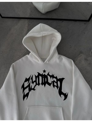 Giyim Center Kışlık Kapüşonlu Baskılı Oversize Sweatshirt- Beyaz