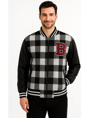 Giyim Center Erkek Kolej Ceket - Kareli Oduncu Kumaş, Kolları Suni Deri, Fermuarlı, Içi Kapitone Astarlı, Nakışlı Oversize Bahar & Kış Stil - Gri