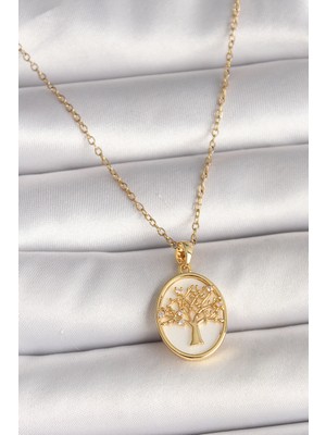 Freedom Store 316L Çelik Gold Renk Zincir Zirkon Taş Detaylı Beyaz Mineli Ağaç Işlemeli Portre Model Kadın Kolye