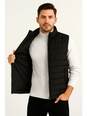 Giyim Center Erkek Şişme Fermuarlı Yelek Su Itici Kapitone Astarlı Kumaş Cepli Hafif Kışlık Spor Rahat Kalıp - Siyah
