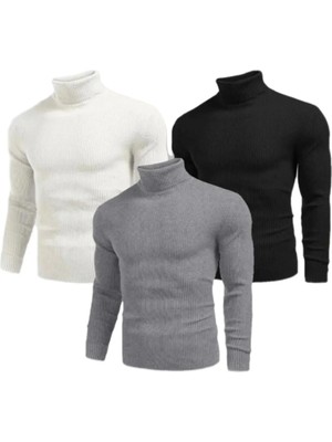 Giyim Center 3 Adet Unisex Kaşkorse Boğazlı Full Likralı Fitilli Body Kazak