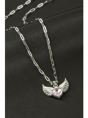 Bijuteri Net Kalp Kanat Zirkon Taşlı Kolye