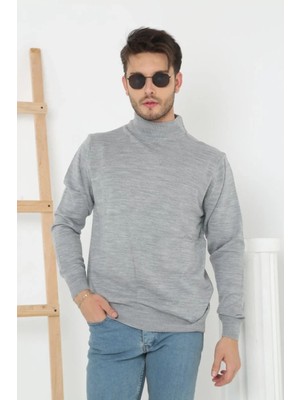 Giyim Center Erkek Yarım Boğaz Triko Kazak Yumuşak Dokulu Pamuklu Ince Dokuma, Uzun Kollu Rahat Regular Kalıp - Gri