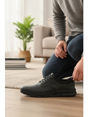 Enoch Hakiki Deri Siyah Hafif Esnek Taban Erkek Sneaker Ortopedik Taban