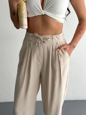 Giyim Center Kadın Yüksel Bel Beli Bağcıklı Rahat Boru Paça Pantalon - Kırık Beyaz