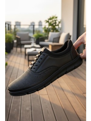 Enoch Hakiki Deri Siyah Lastikli Erkek Sneaker Ayakkabı Ortopedik Taban