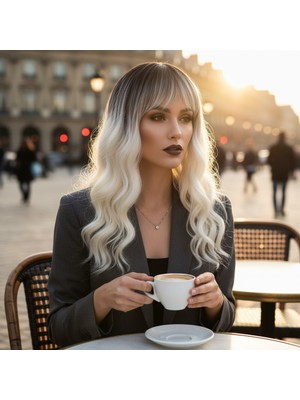 Esranın Dünyası Dalgalı Kısa Perçemli Fiber Sentetik Peruk - Kahve / Beyaz Platin Ombreli RSPM34-ESRDNS