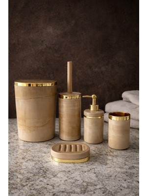 5 Parça Mermer Desen Krembanyo Seti / Wc Fırçalık, Sıvı - Katı Sabunluk, Çöp Kovası, Diş Fırçalık