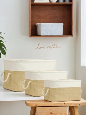 PremiumPort 3'lü Beyaz Jüt Garnili Katlanabilir Çocuk Odası Saklama Sepeti