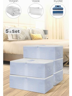 Serstil 5 Adet - Küçük Boy Baskı Detaylı Mavi Çizgili Hurç 52 x 28 x 21 cm