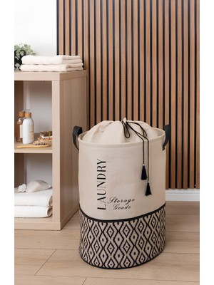 PremiumPort Bej Kumaş Büzgülü Katlanabilir Çok Amaçlı Çamaşır Sepeti 35X35X50CM
